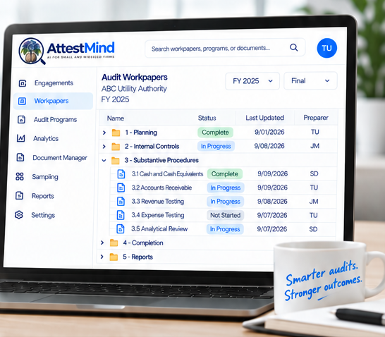 AttestMind audit workpapers shown on a laptop, with a coffee mug reading "Smarter audits. Stronger outcomes."