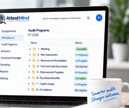 AttestMind audit programs shown on a laptop, with a coffee mug reading "Smarter audits. Stronger outcomes."